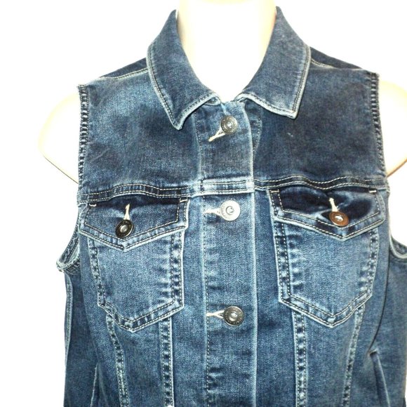 Two by Vince Camuto Denim Vest Size S with Back White Lace Insert Distressed - Picture 3 of 7